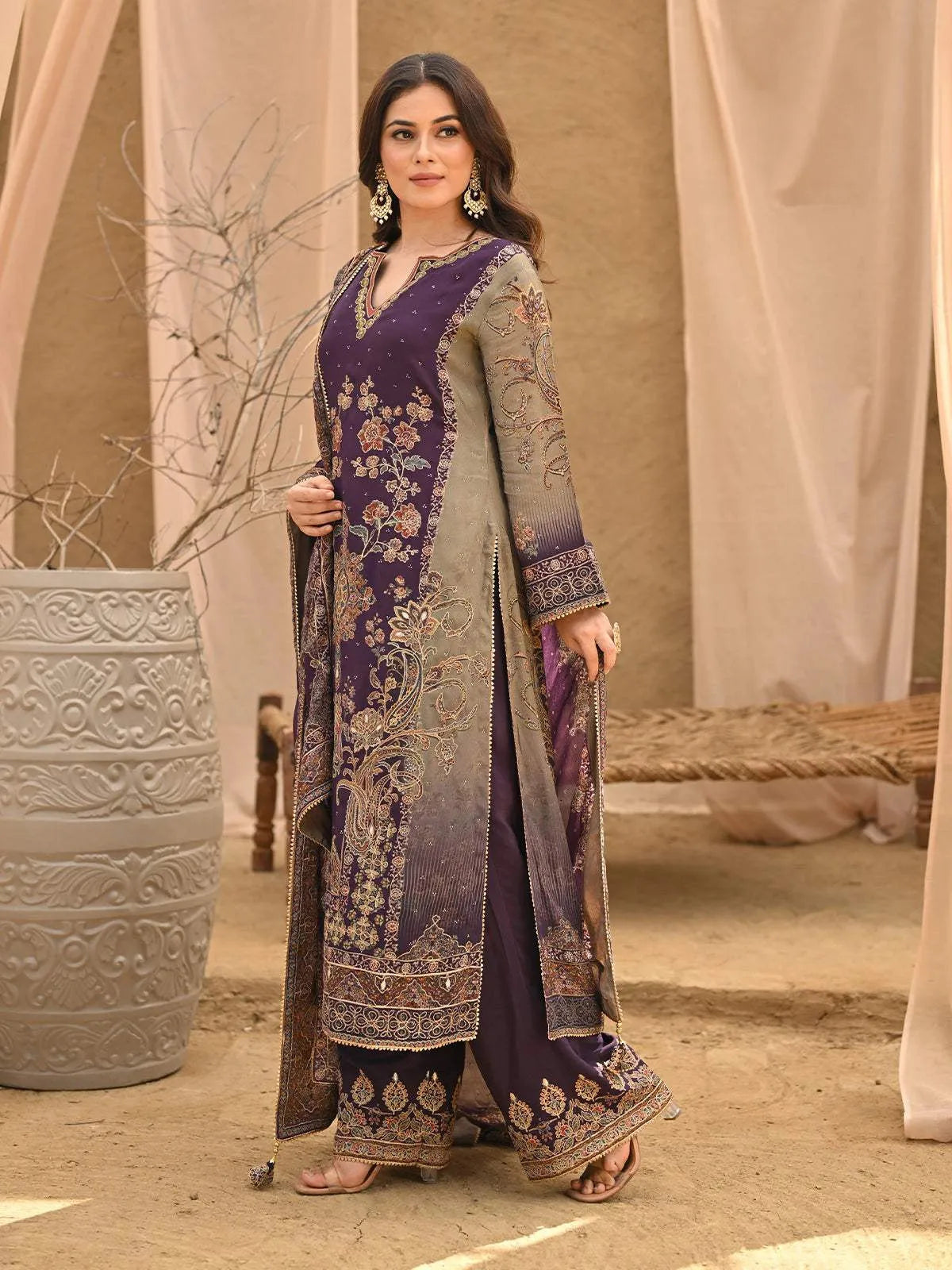 Purple Floral Embroidered Crepe Palazzo Salwar Suit Online - Diadem