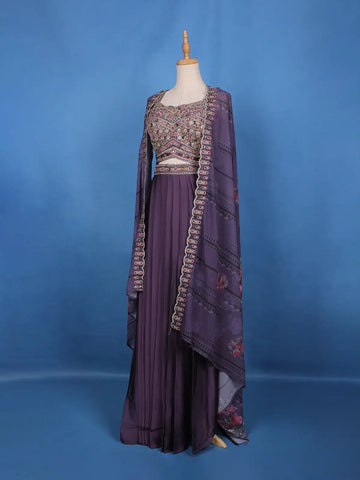 Purple Floral Embroidered Georgette Bridesmaids Lehenga - Diadem