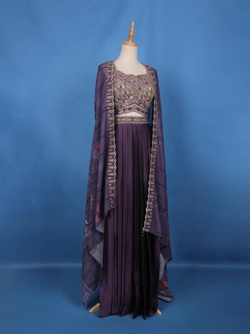 Purple Floral Embroidered Georgette Bridesmaids Lehenga - Diadem