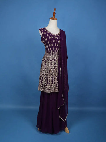 Purple Floral Embroidered Georgette Sharara Salwar Suit - Diadem