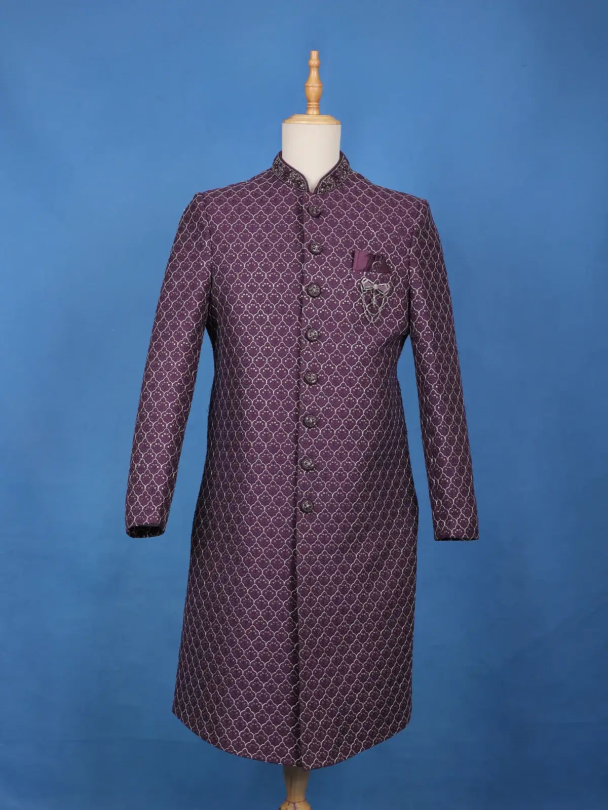 Purple Floral Embroidered Jacquard Sherwani Suit - Diadem