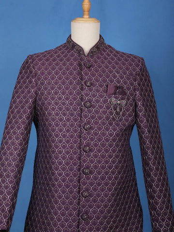 Purple Floral Embroidered Jacquard Sherwani Suit - Diadem
