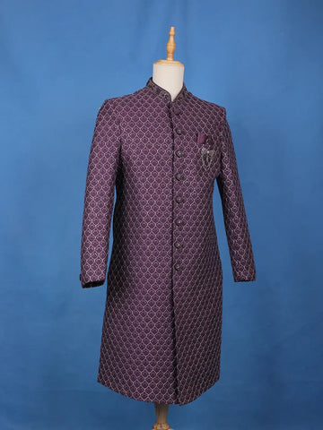 Purple Floral Embroidered Jacquard Sherwani Suit - Diadem