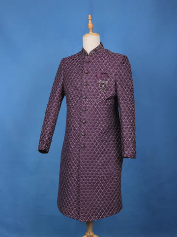 Purple Floral Embroidered Jacquard Sherwani Suit - Diadem