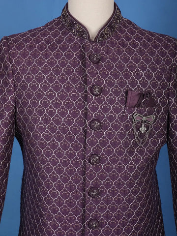 Purple Floral Embroidered Jacquard Sherwani Suit - Diadem