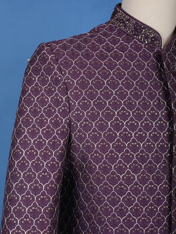 Purple Floral Embroidered Jacquard Sherwani Suit - Diadem
