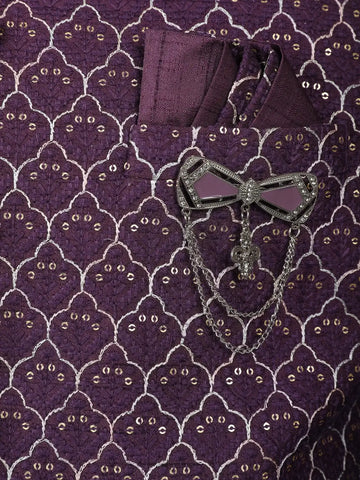 Purple Floral Embroidered Jacquard Sherwani Suit - Diadem