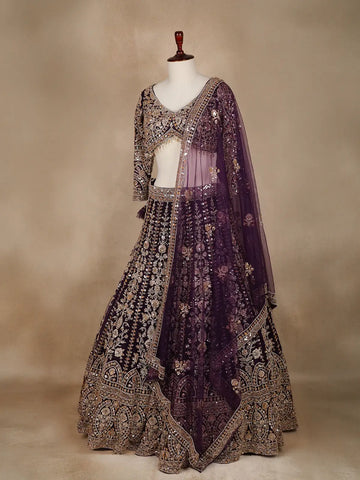 Purple Floral Embroidery Bridal Net Lehenga - Diadem