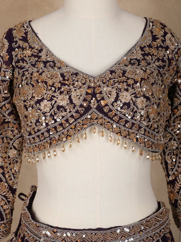 Purple Floral Embroidery Bridal Net Lehenga - Diadem