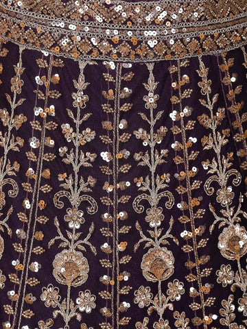 Purple Floral Embroidery Bridal Net Lehenga - Diadem