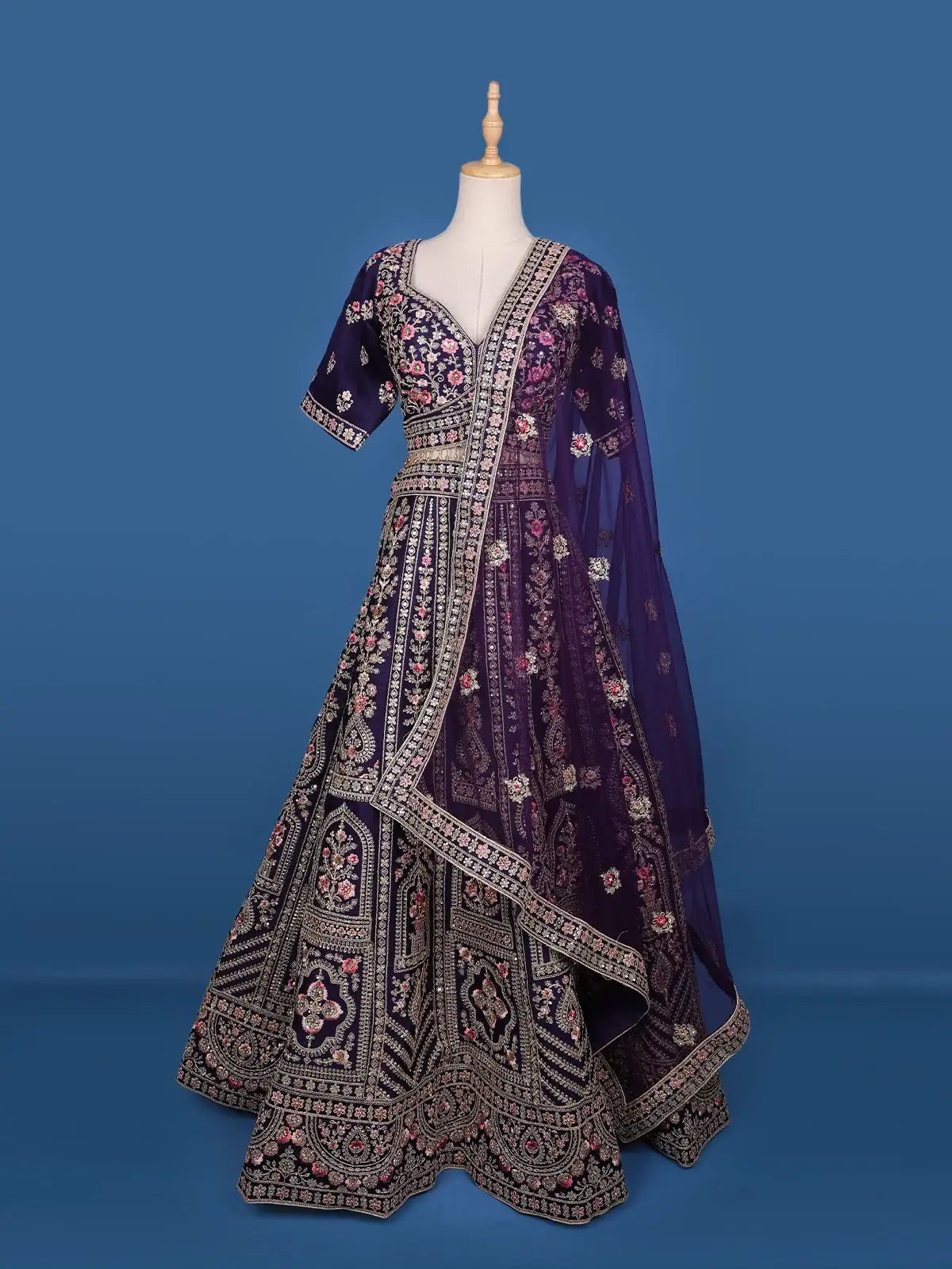 Purple Floral Embroidery Bridal Raw Silk Lehenga - Diadem