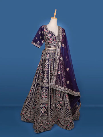 Purple Floral Embroidery Bridal Raw Silk Lehenga - Diadem