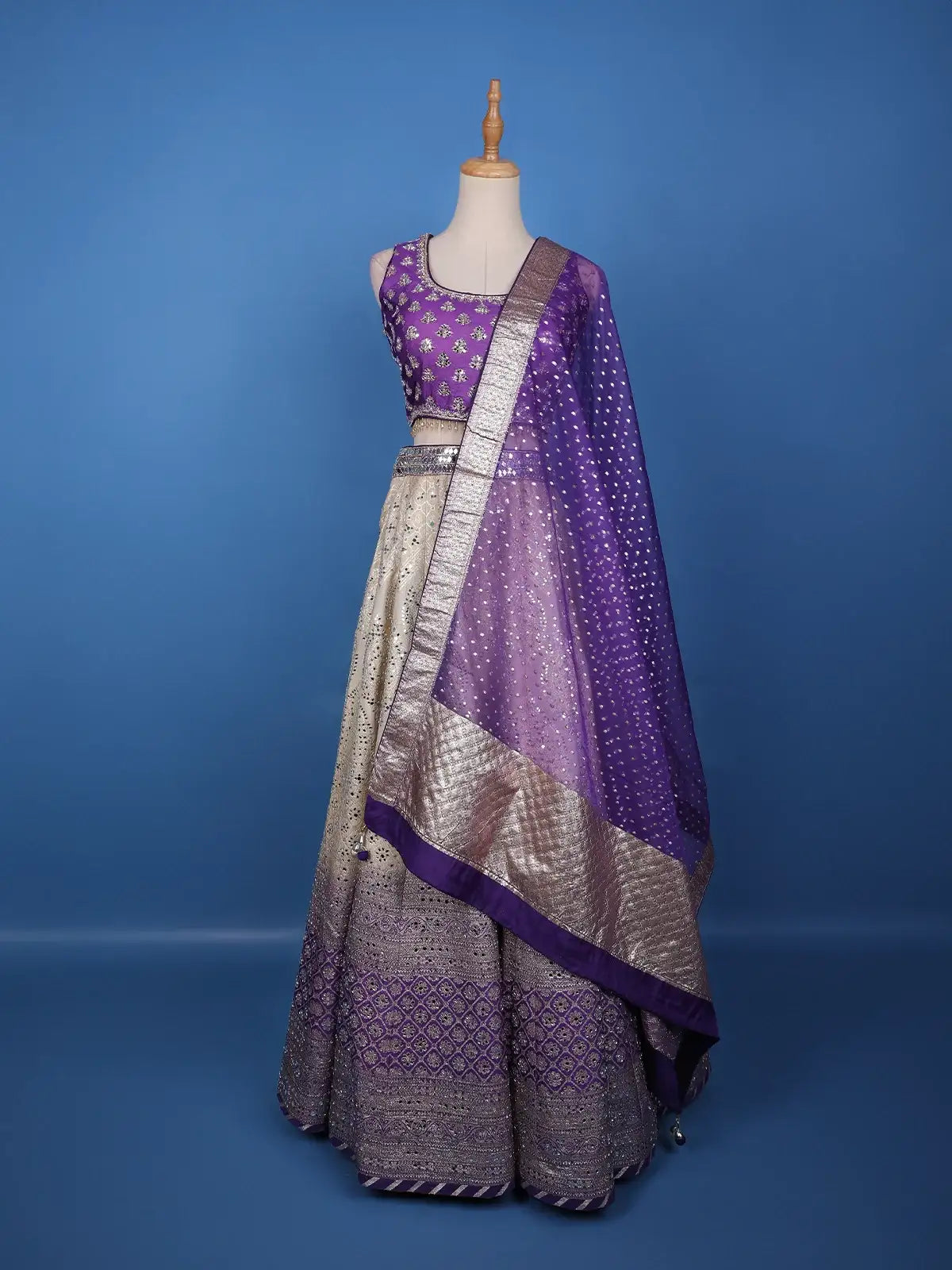 Purple Floral Mirror Designed Banarasi Silk Lehenga for Bridesmaid - Diadem