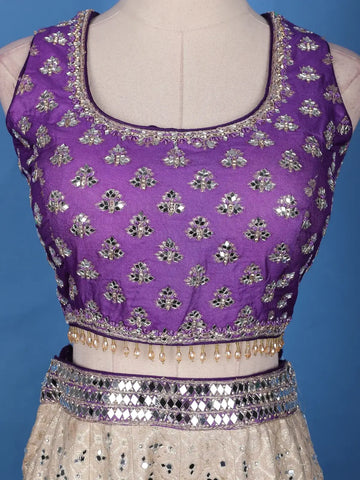 Purple Floral Mirror Designed Banarasi Silk Lehenga for Bridesmaid - Diadem