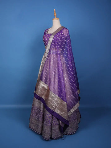 Purple Floral Mirror Designed Banarasi Silk Lehenga for Bridesmaid - Diadem