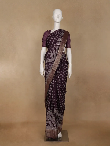 Purple Floral Printed Cotton Saree - Diadem