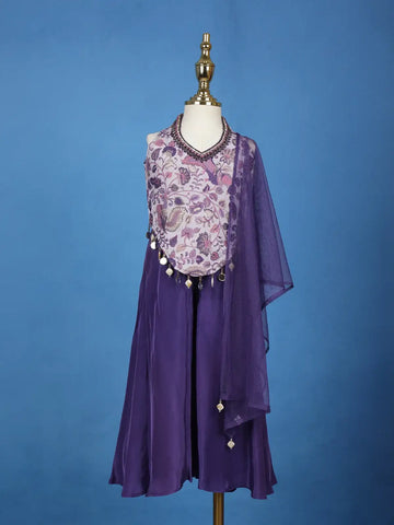 Purple Floral Printed Gerogette Palazzo Salwar Suit for Girls - Diadem