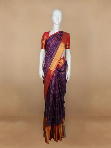 Purple Floral and Stripes Woven Pure Kanchipuram Silk Saree - Diadem