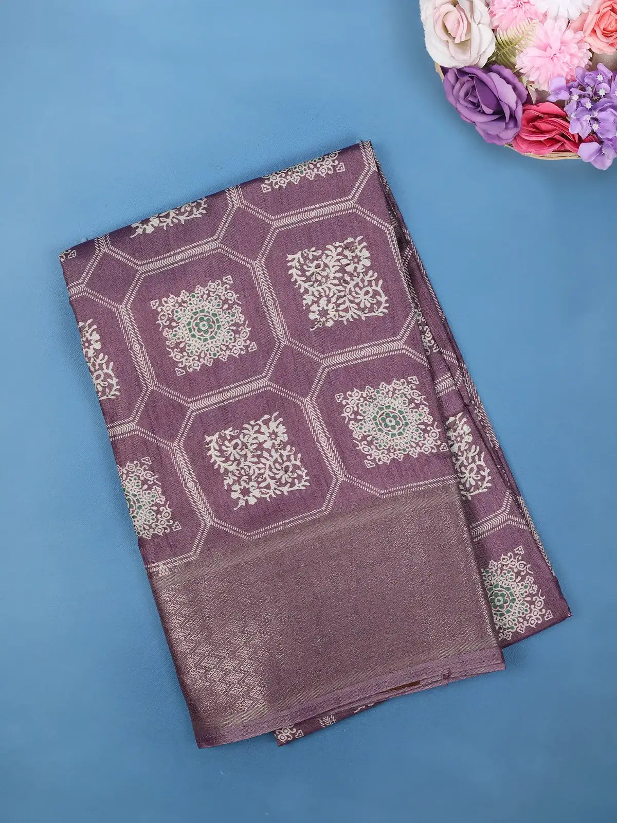 Purple Floral hexagonal Printed Cotton Saree - Diadem