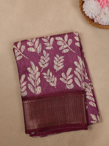 Purple Leaf Printed Fancy Cotton Saree - Diadem