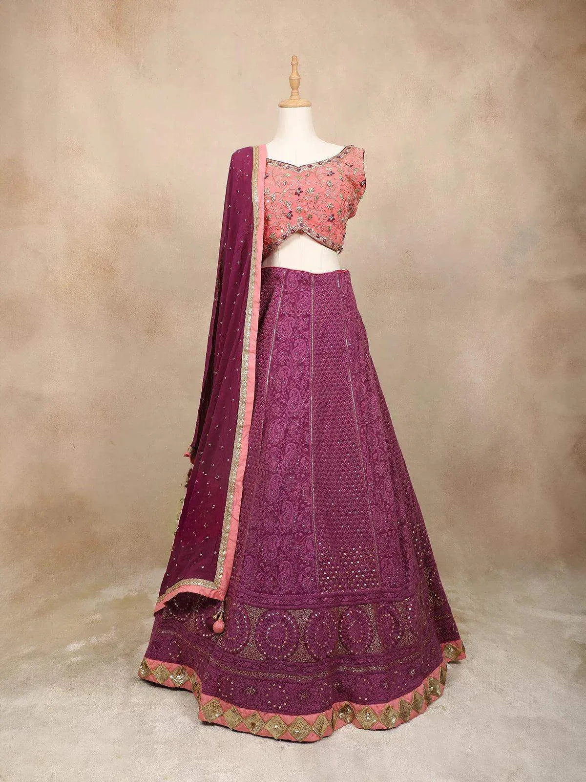 Purple Silk Bridal Lehenga with Floral Threadwork Beads - Diadem
