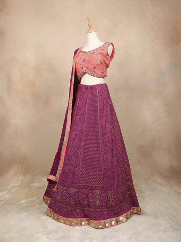 Purple Silk Bridal Lehenga with Floral Threadwork Beads - Diadem