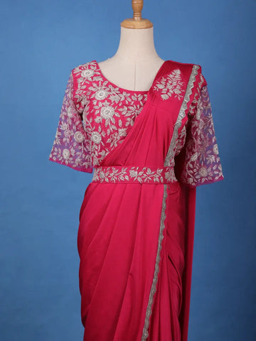 Queen Pink Floral Beads Embroidered Satin Ready To Wear Saree - Diadem