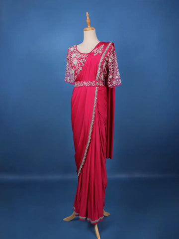 Queen Pink Floral Beads Embroidered Satin Ready To Wear Saree - Diadem