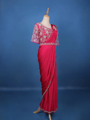 Queen Pink Floral Beads Embroidered Satin Ready To Wear Saree - Diadem