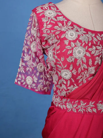 Queen Pink Floral Beads Embroidered Satin Ready To Wear Saree - Diadem