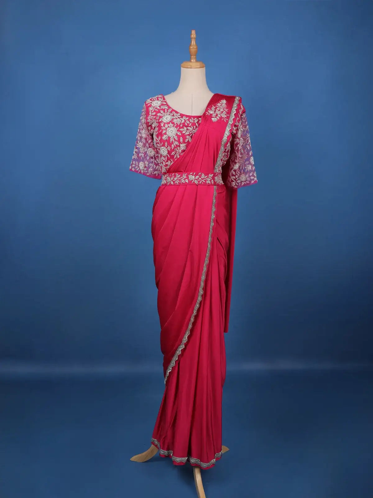 Queen Pink Floral Beads Embroidered Satin Ready To Wear Saree - Diadem