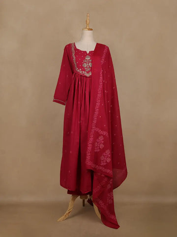 Queen Pink Floral Embroidered Cotton Salwar Suit With Dupatta - Diadem