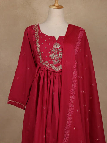 Queen Pink Floral Embroidered Cotton Salwar Suit With Dupatta - Diadem
