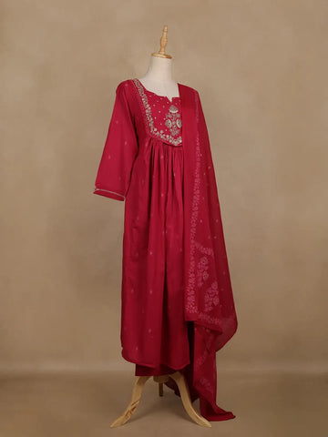 Queen Pink Floral Embroidered Cotton Salwar Suit With Dupatta - Diadem