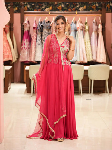 Queen Pink Floral Embroidered Georgette Palazzo Suit - Diadem