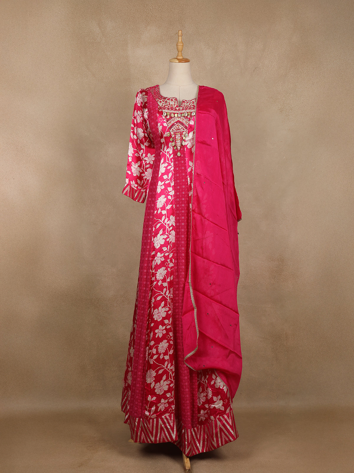 Queen Pink Floral Printed Satin Gown With Mirror Work Yoke And Dupatta