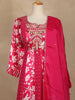 Queen Pink Floral Printed Satin Gown With Mirror Work Yoke And Dupatta