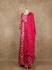 Queen Pink Floral Printed Satin Gown With Mirror Work Yoke And Dupatta