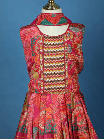 Queen Pink Floral Printed Satin Kids Patiala Salwar Suit With Dupatta - Diadem