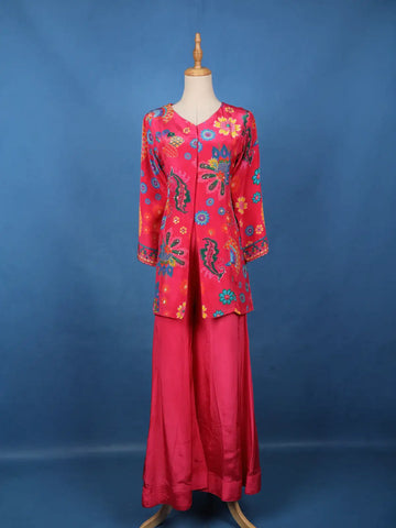 Queen Pink Floral Printed Synthetic Palazzo Suit - Diadem