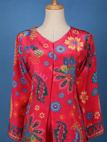 Queen Pink Floral Printed Synthetic Palazzo Suit - Diadem