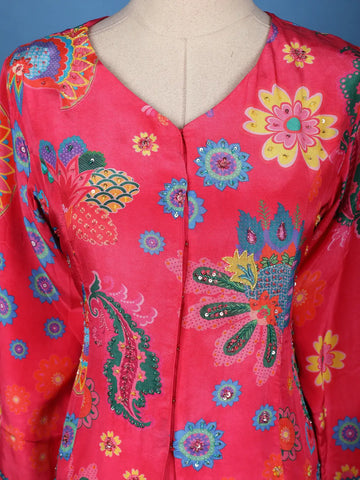 Queen Pink Floral Printed Synthetic Palazzo Suit - Diadem