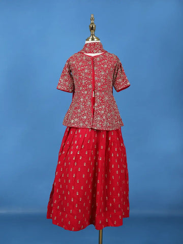 Queen Pink Floral Design Kids Peplum Top With Skirt And Dupatta-lehenga - Diadem