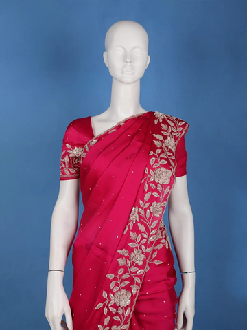 Queen Pink Floral Design Sequin Work Satin Saree - Diadem