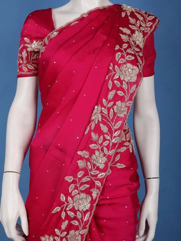 Queen Pink Floral Design Sequin Work Satin Saree - Diadem