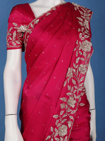 Queen Pink Floral Design Sequin Work Satin Saree - Diadem