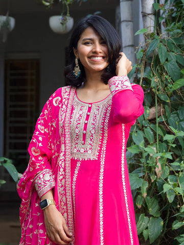 Queen Pink Floral Designed Georgette Salwar Suit - Diadem