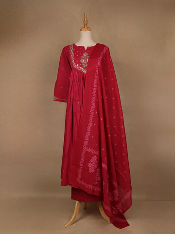 Queen Pink Floral Embroidered Cotton Salwar Suit - Diadem