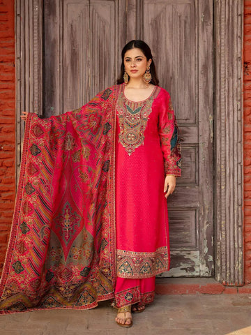 Queen Pink Floral Embroidered Crepe Palazzo Salwar Suit - Diadem
