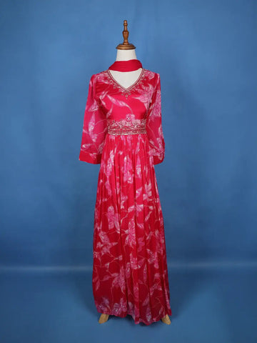 Queen Pink Floral Embroidery Crepe Gown - Diadem